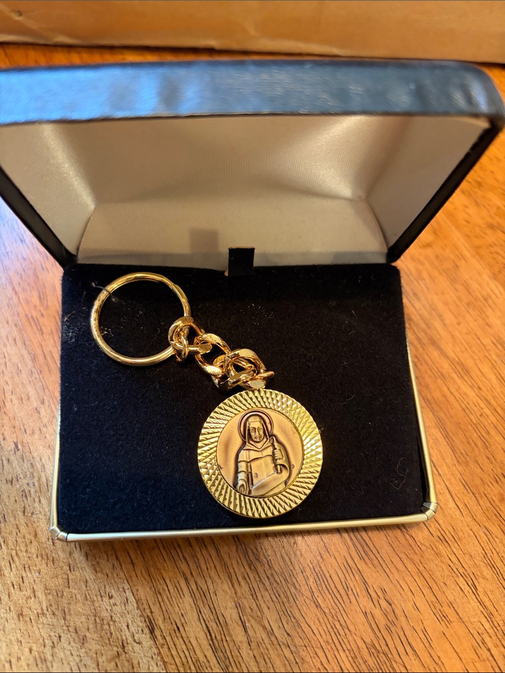Gold tone Religious Medal Keychain